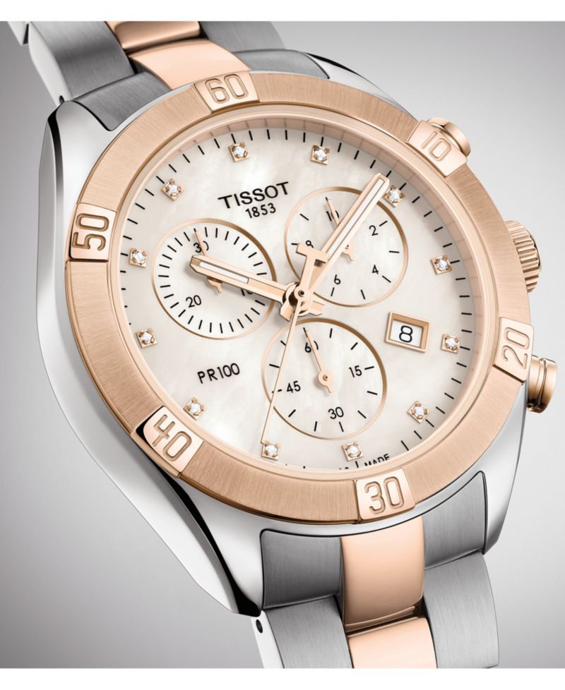 Women's Swiss Chronograph T-Classic PR 100 Diamond (1/20 ct. t.w.) Two-Tone PVD Stainless Steel Bracelet Watch 38mm