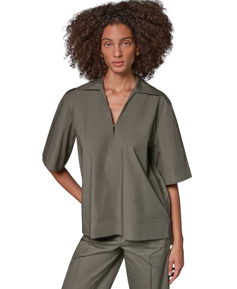 Women's Poplin Short-Sleeve V-Neck Collared Blouse