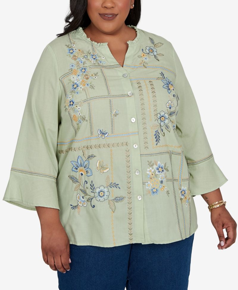 Plus Size Floral Embroidered Squares Button-Front Top