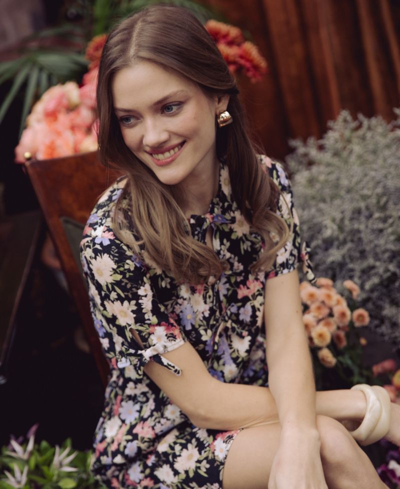 Women's Linen-Blend Floral Bow Detail Mini Dress