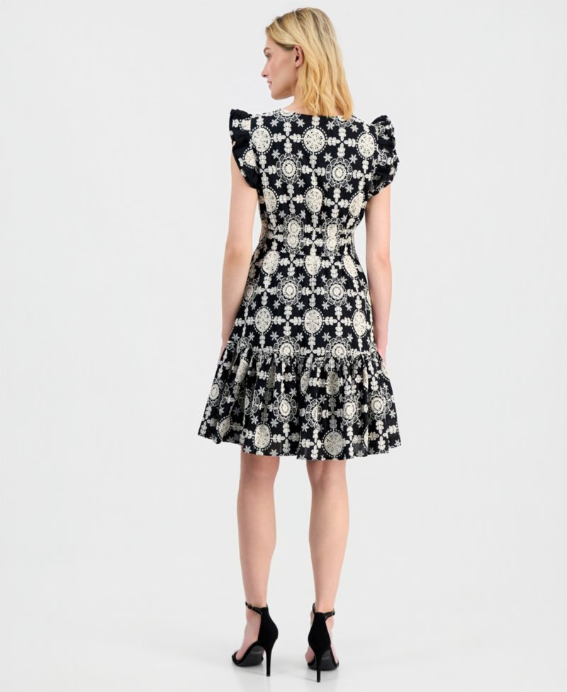 Petite V-Neck Ruffle-Sleeve Embroidered Short Dress