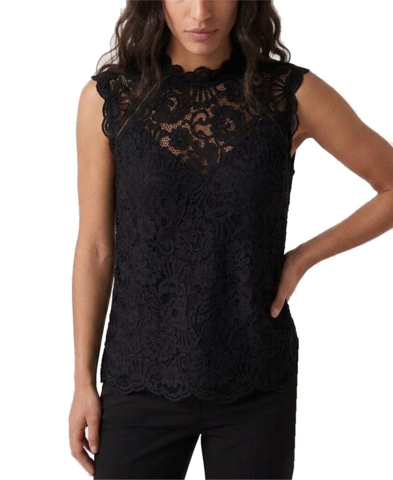 Women's Floral-Lace Ruffle-Neck Sleeveless Top