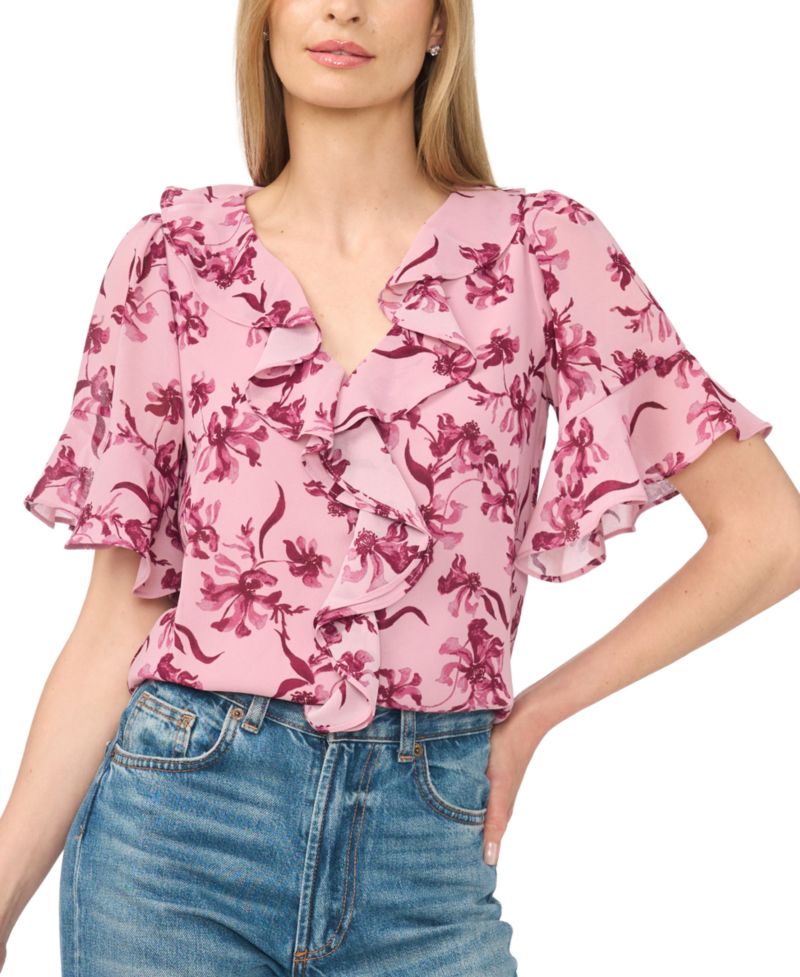 Women's V-Neck Short-Flutter Sleeve Blouse