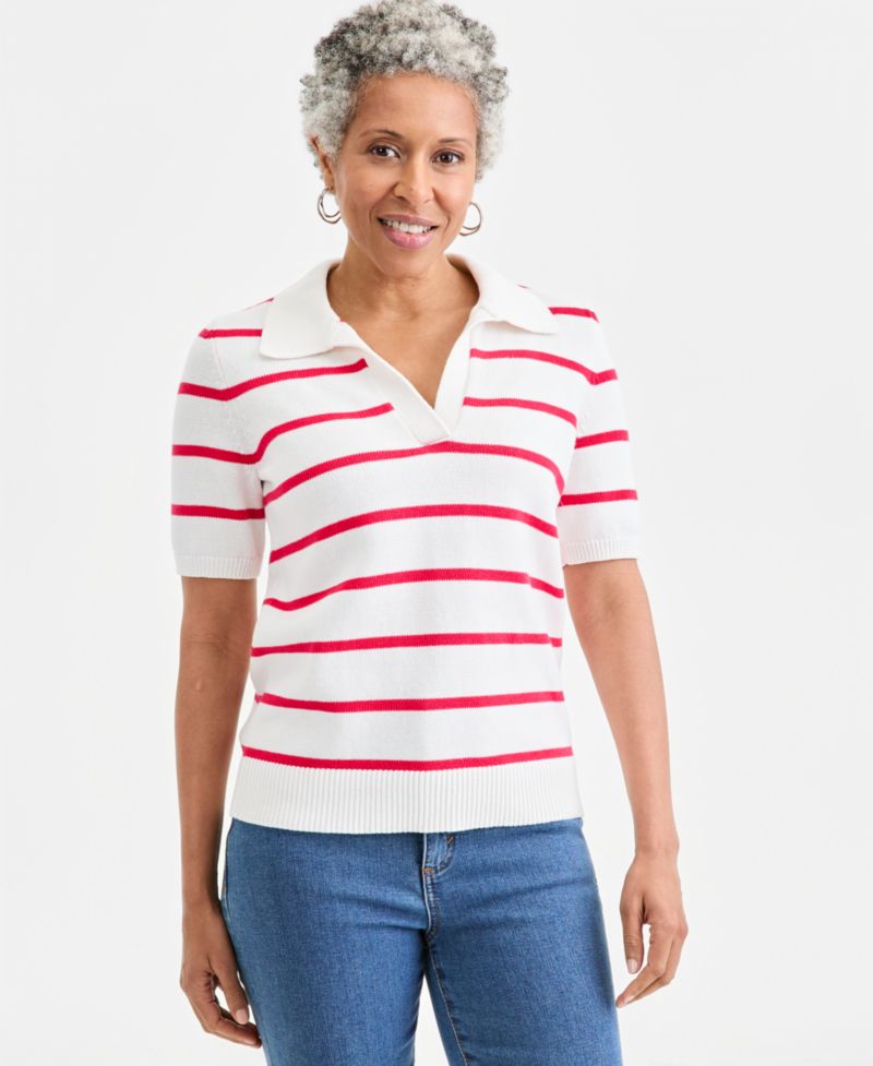 Petite Striped Cotton Elbow-Sleeve Johnny Collar Sweater