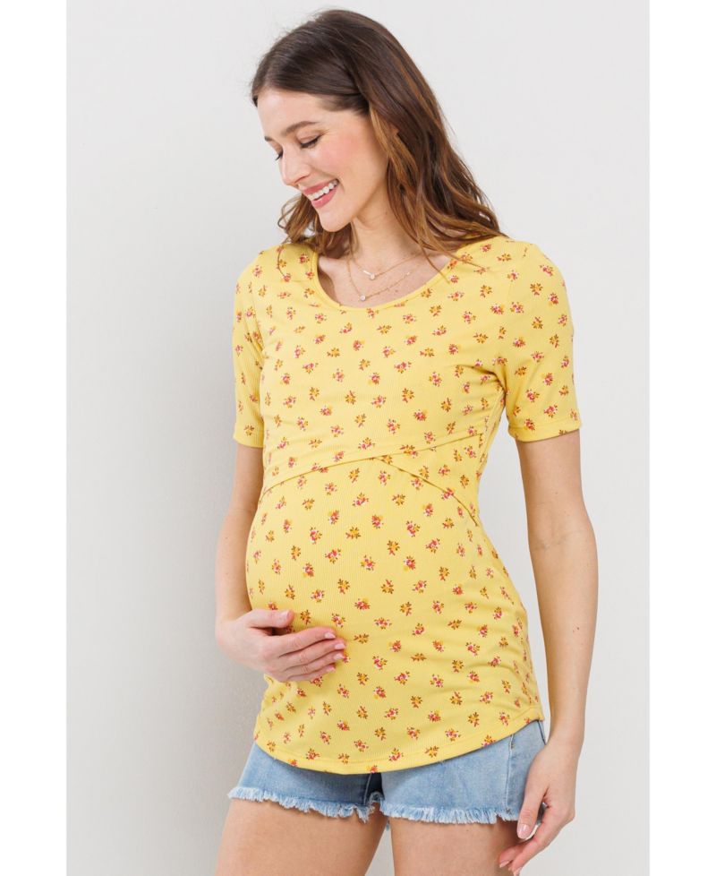 Maternity Floral Rib Short Sleeve Crossover Nursing Shirt