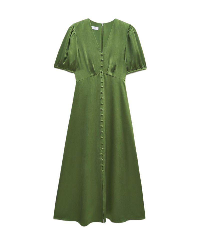 Women's Button Front Puff Sleeve Midi Dress
