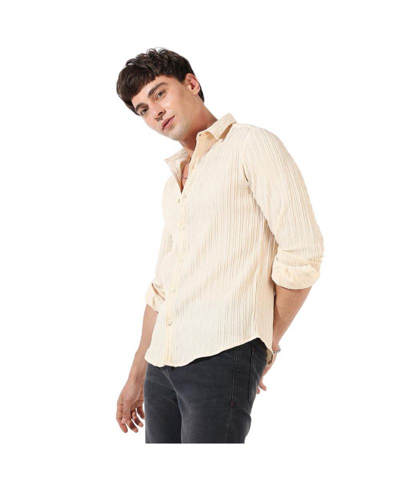 Men's Light Yellow Textured Regular Fit Casual Shirt