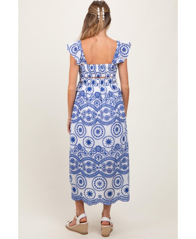 Women's Light Navy Embroidered Smocked Cutout Midi Dress