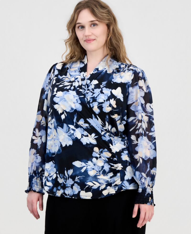 Plus Size Printed Mixed-Media Top