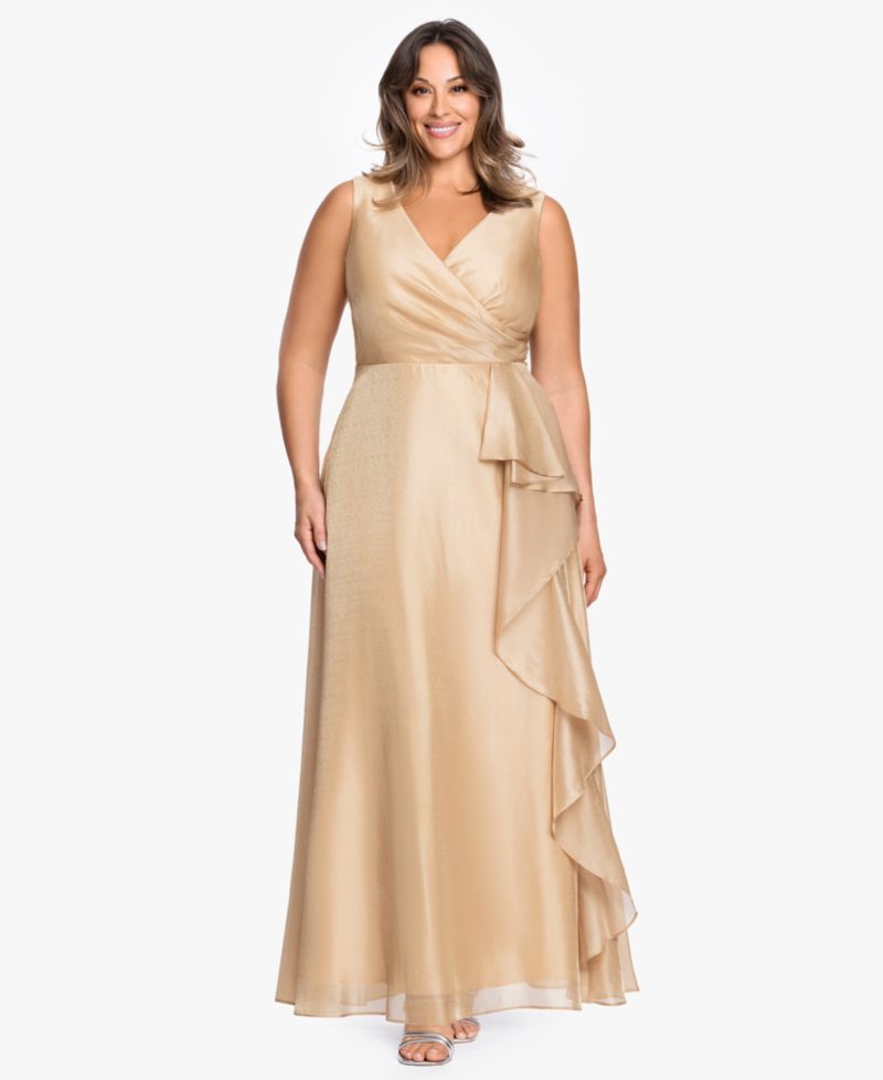 Plus Size V-Neck Jacquard Ruffle Gown