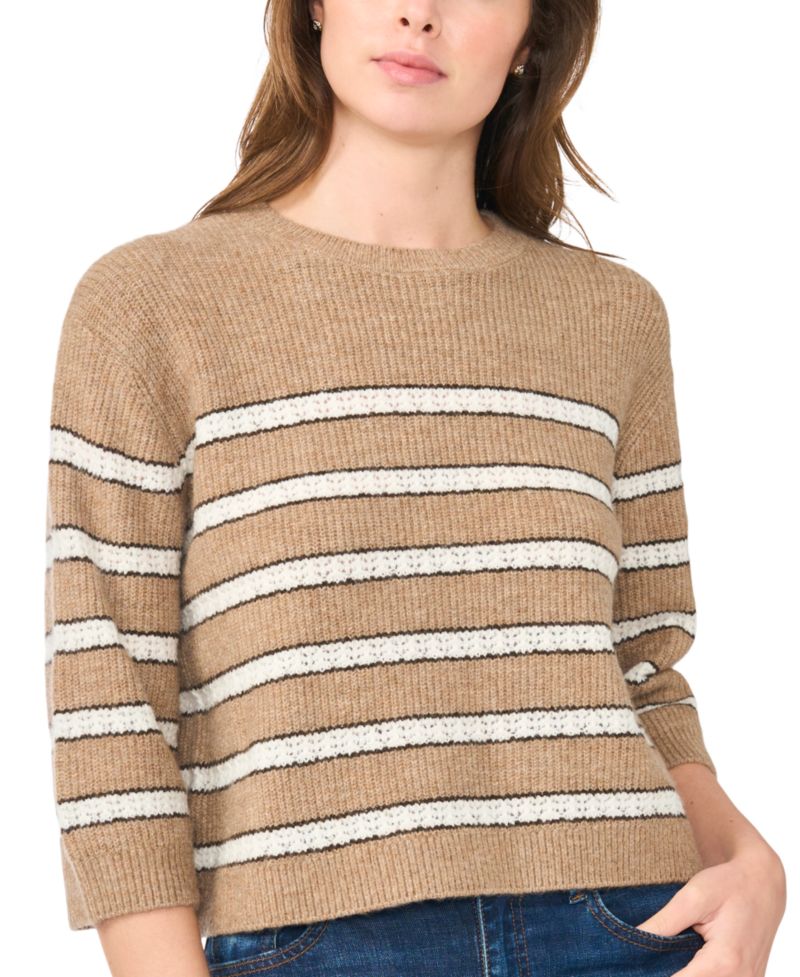 Women's Stripe Pointelle 3/4-Sleeve Crewneck Sweater