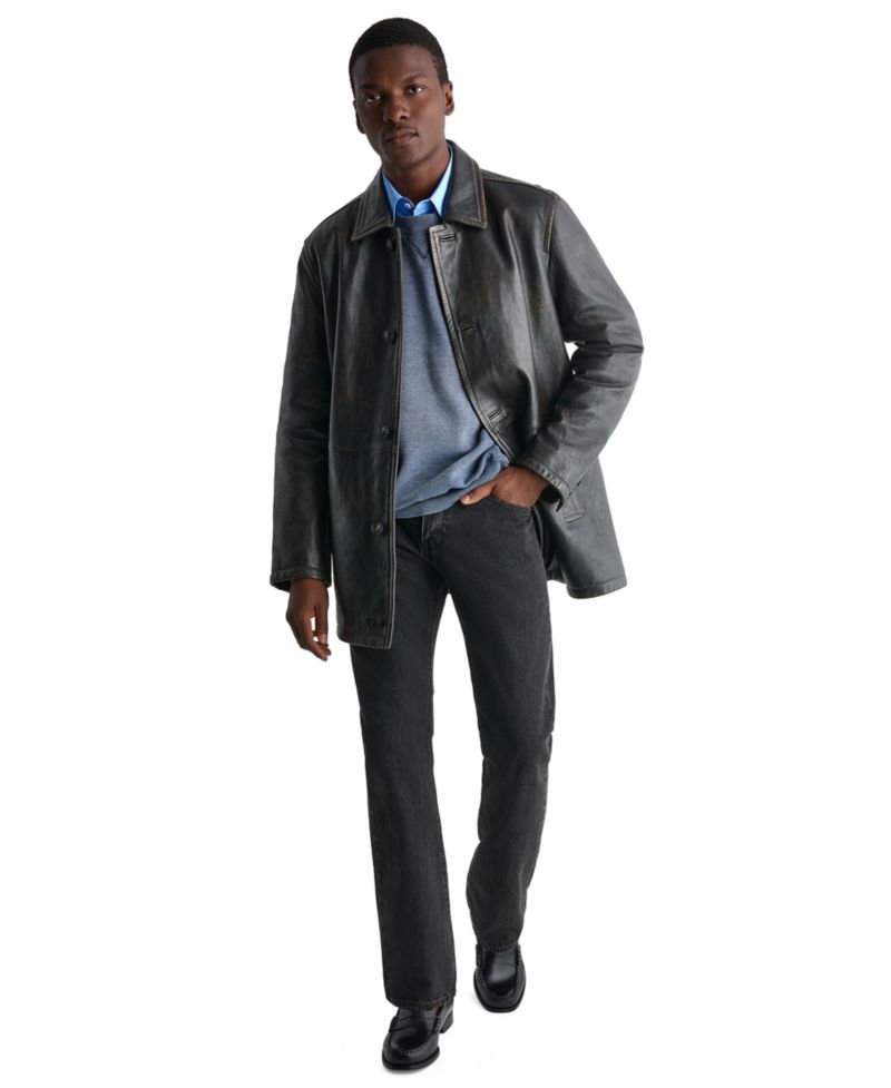 Men's Leather Button-Front Car Coat