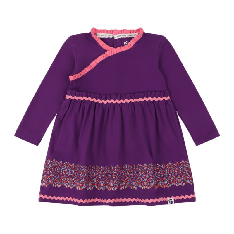Big Girls Long Sleeve Ruffle Trim Dress - Purple Multicolor