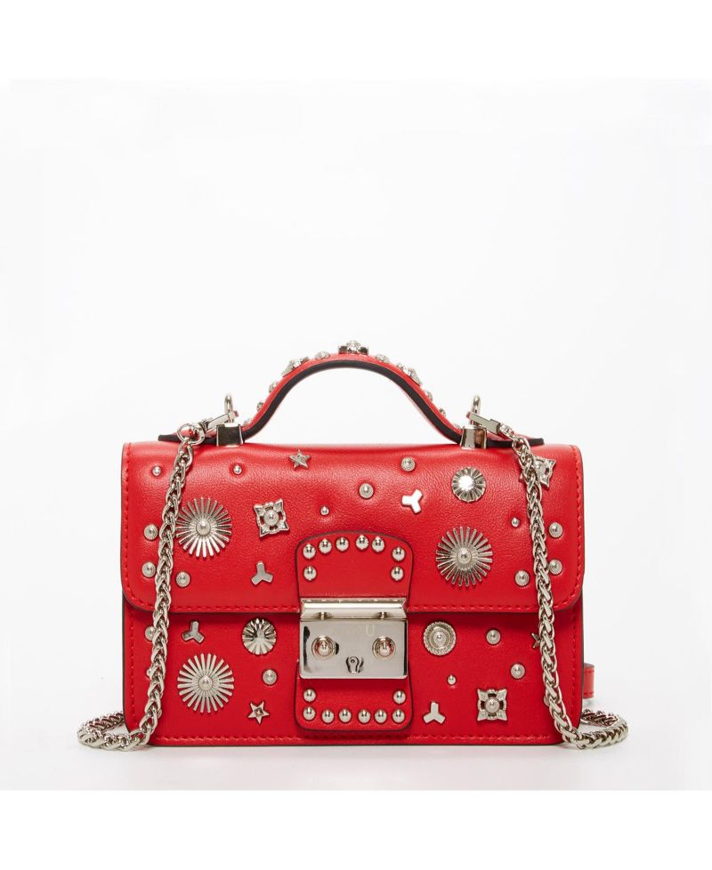 Studded Small Leather Crossbody Bag Red Purse Women's Handbag with Top Handle