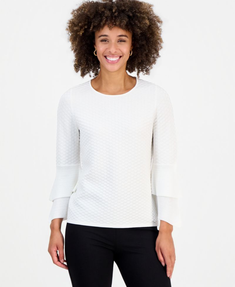 Petite Textured Knit Flared-Cuff 3/4-Sleeve Top
