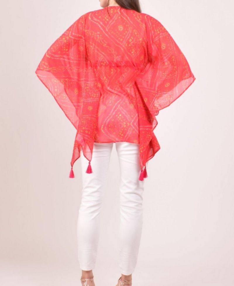 Women's Bandhani Tie-Dye Mirror Embroidered Boho Kaftan Top