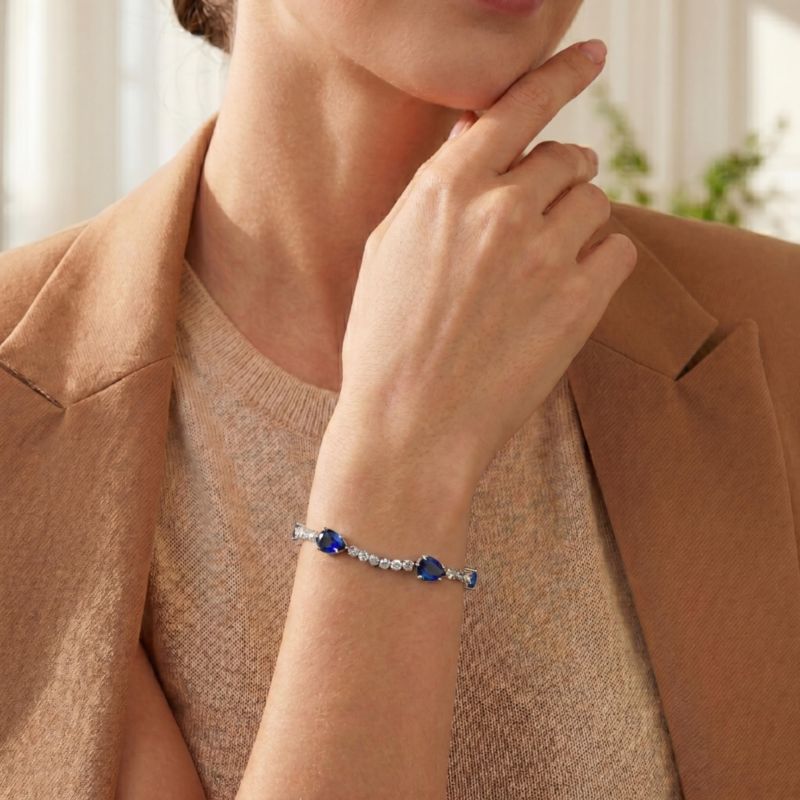 White Gold Plated with Colored Pear Cubic Zirconia Tennis Bracelet