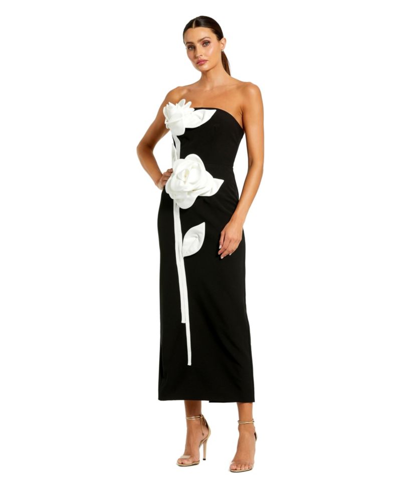 Women's Strapless Crepe Ankle Dress With 3D Satin Flowers