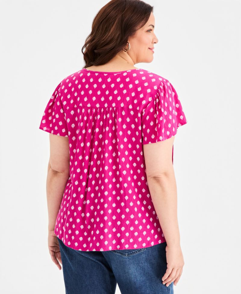 Plus Size Printed Split-Neck Flutter-Sleeve Blouse