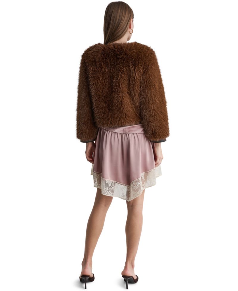Women's Cropped Faux Fur Jacket with Faux Leather Trim