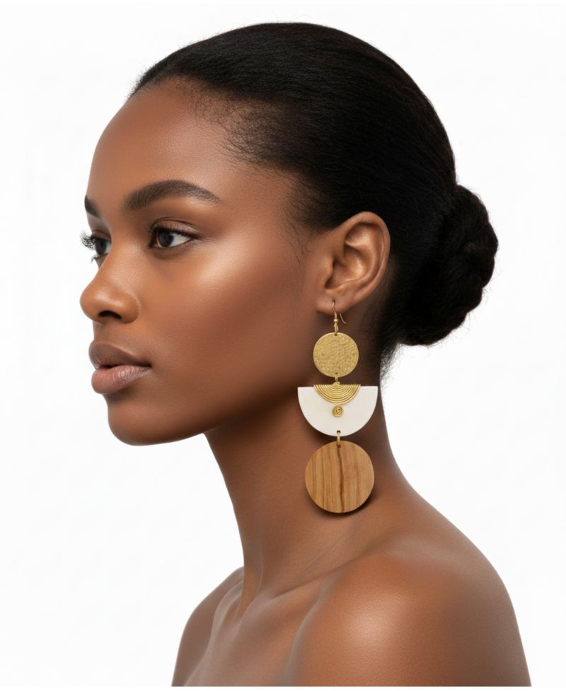 Kazuri Geometric Wood & Brass Drop Earrings – Handmade Boho Statement Jewelry