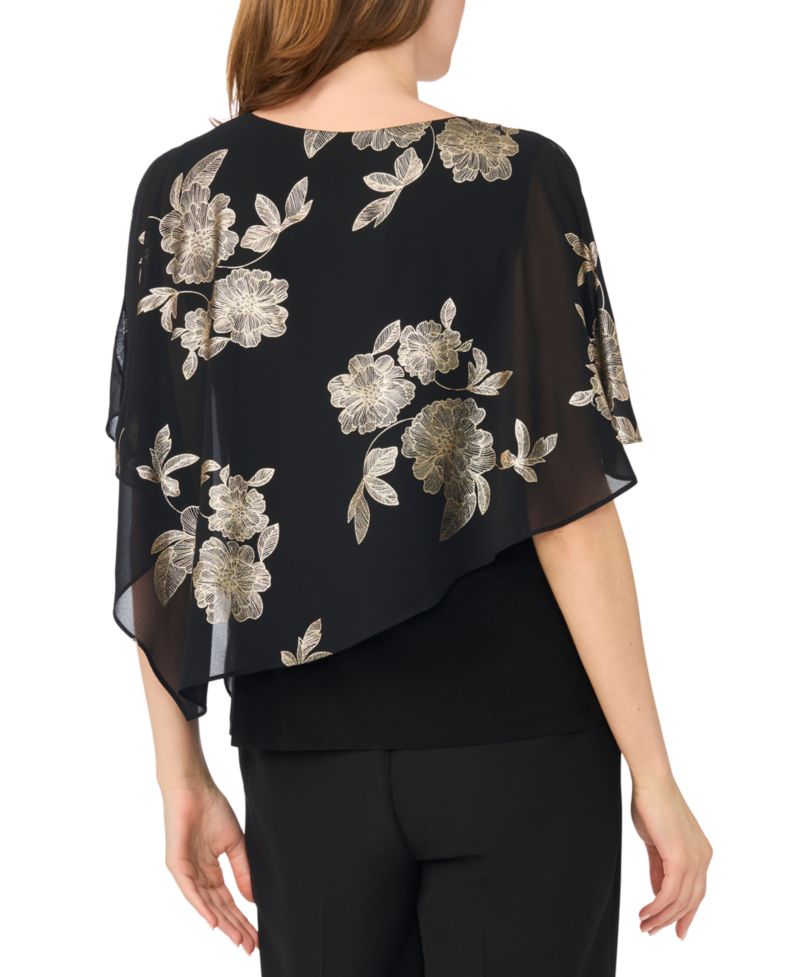 Women's Foil Floral-Print Cold-Shoulder Cape-Sleeve Top