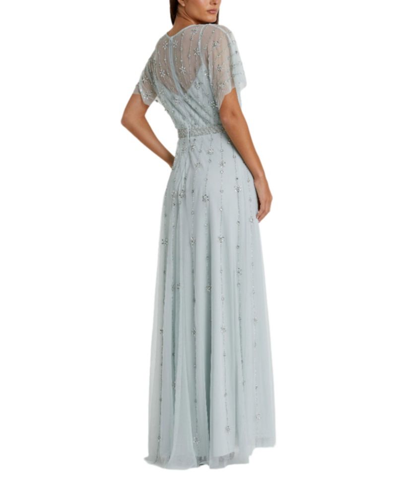 Women's V-Neck Embellished Flutter Sleeve A Line Gown