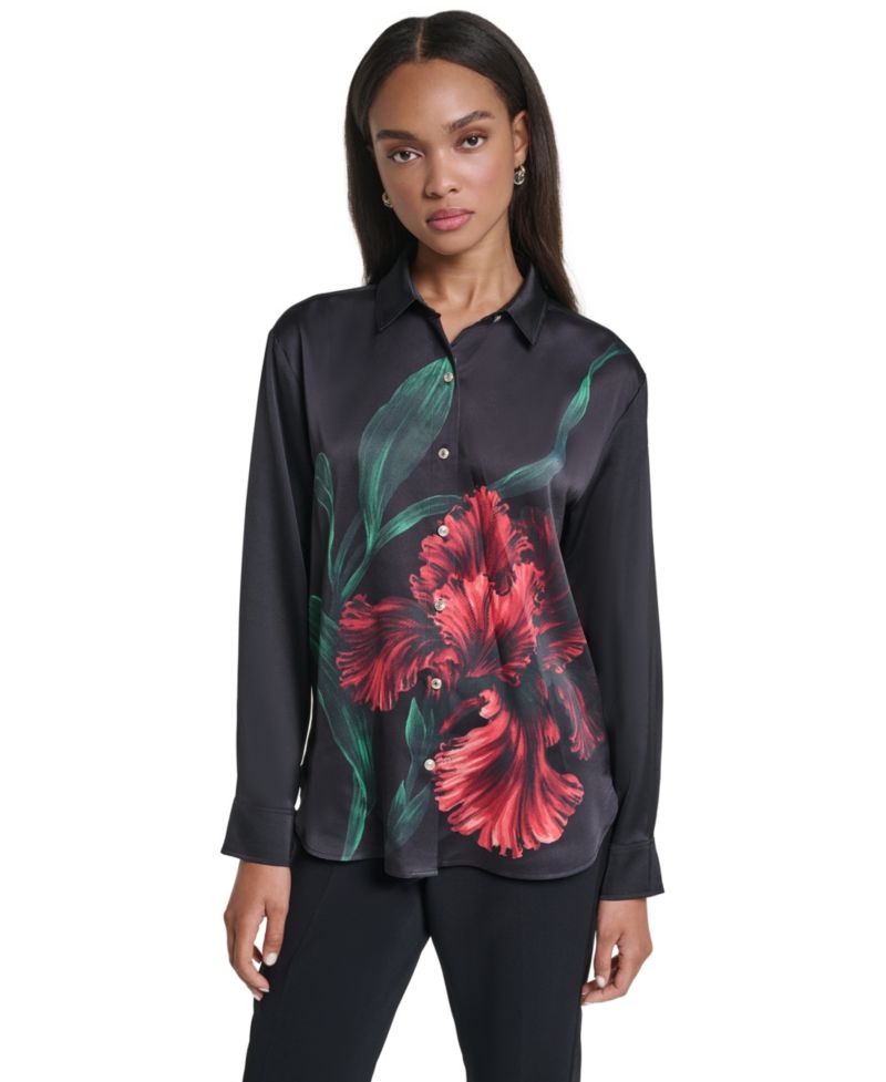 Women's Long-Sleeve Floral-Print Satin Blouse