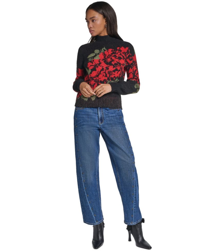 Petite Rose Floral-Print Mock Neck Sweater