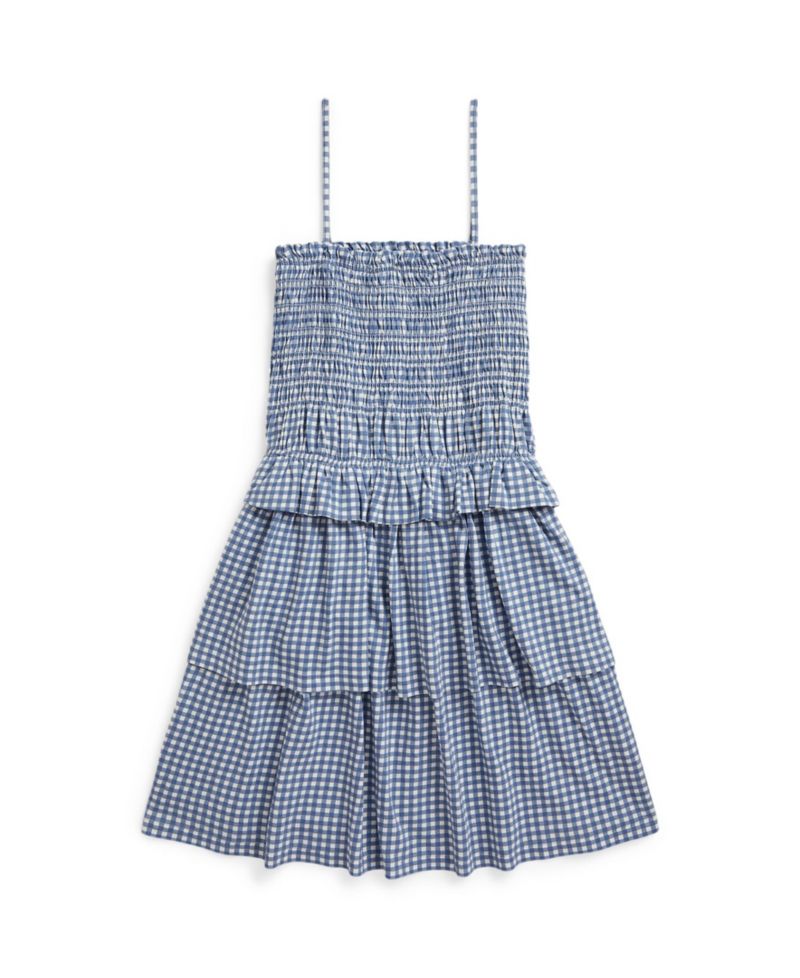 Girls' 7-16 Plaid Smocked Straight Neck Jersey Dress