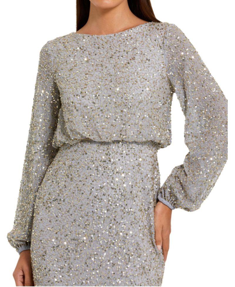 Women's Beaded Mesh Blouson Sleeve Evening Gown