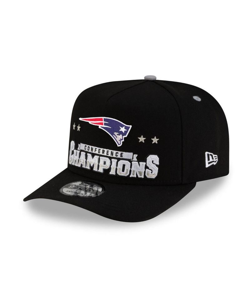 Men's Black New England Patriots 2025 AFC Champions Locker Room Trophy Collection A-Frame 9FIFTY Snapback Hat