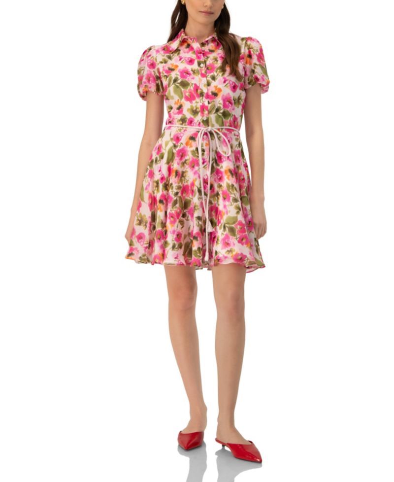 Women's Short Floral Shirt Dress with Waist Tie