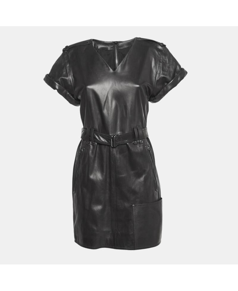 Women's Leather V-Neck Belted Mini Dress
