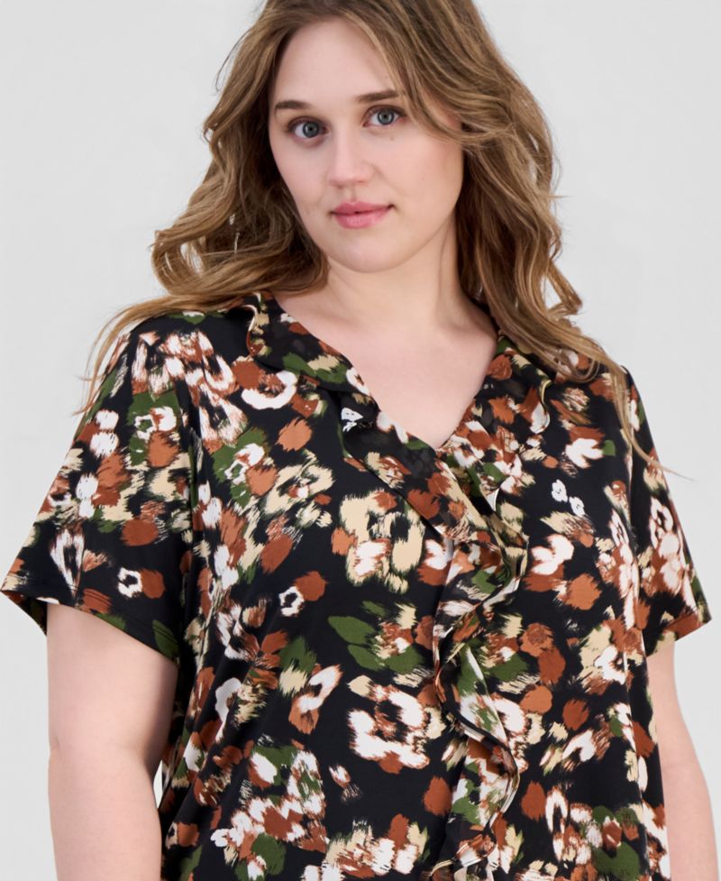 Petite Printed Ruffle-Trim Short-Sleeve Top