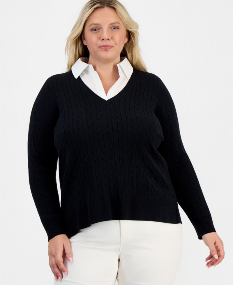 Plus Size Two-Fer Cable-Knit Collared Sweater, Macy's Exclusive