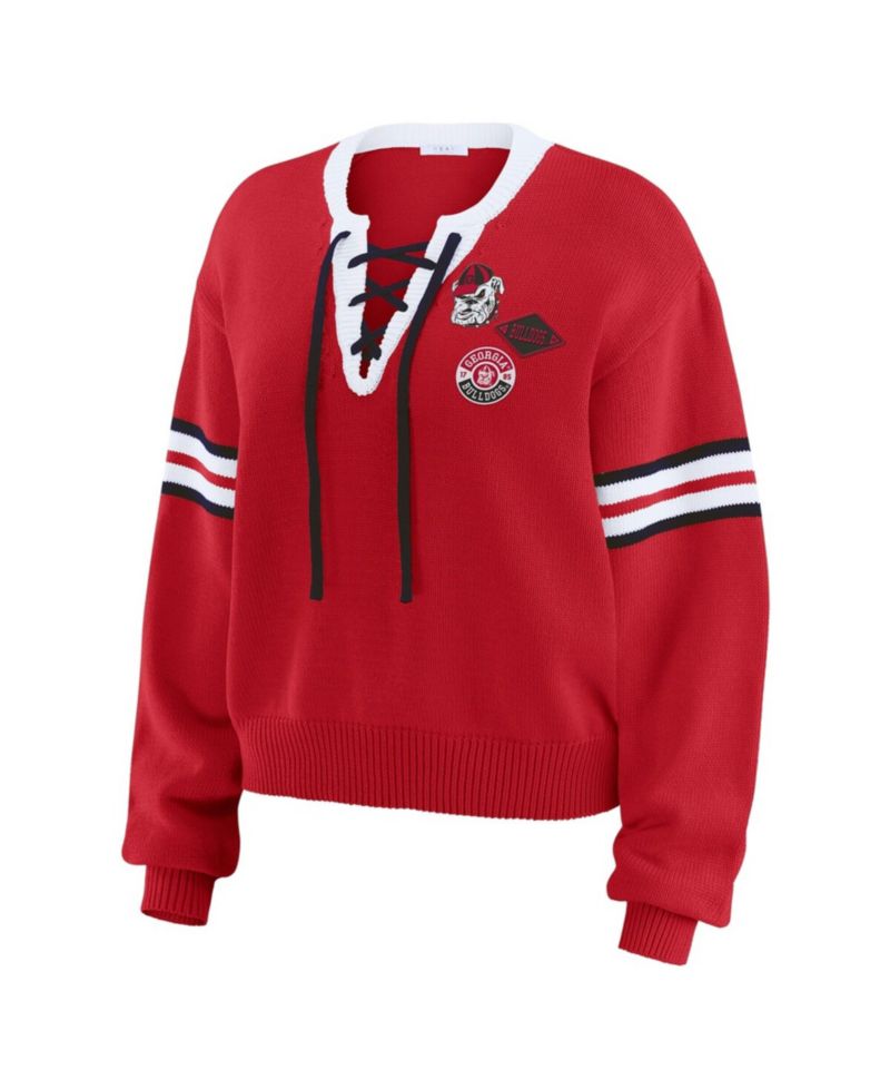 Women's Red Georgia Bulldogs Lace-Up Pullover Sweater