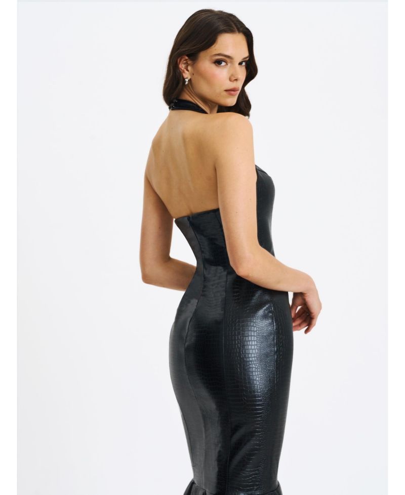 Women's Gardenia Black Leather Midi Sweetheart Halter Flared Dress