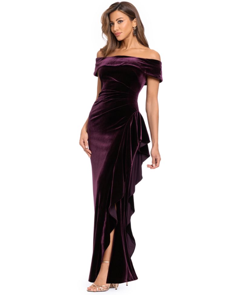 Women's Velvet Off-the-Shoulder Ruffle Gown