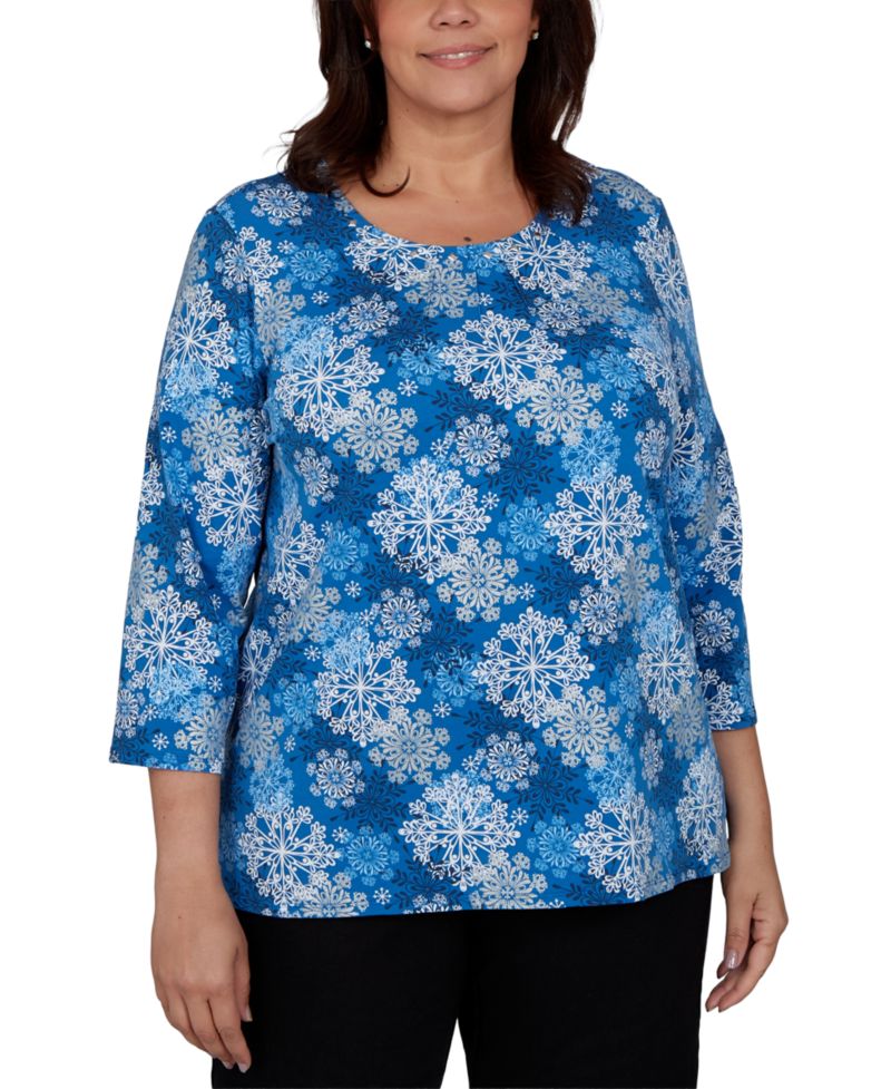 Plus Size Snowflake-Print 3/4-Sleeve Knit Top