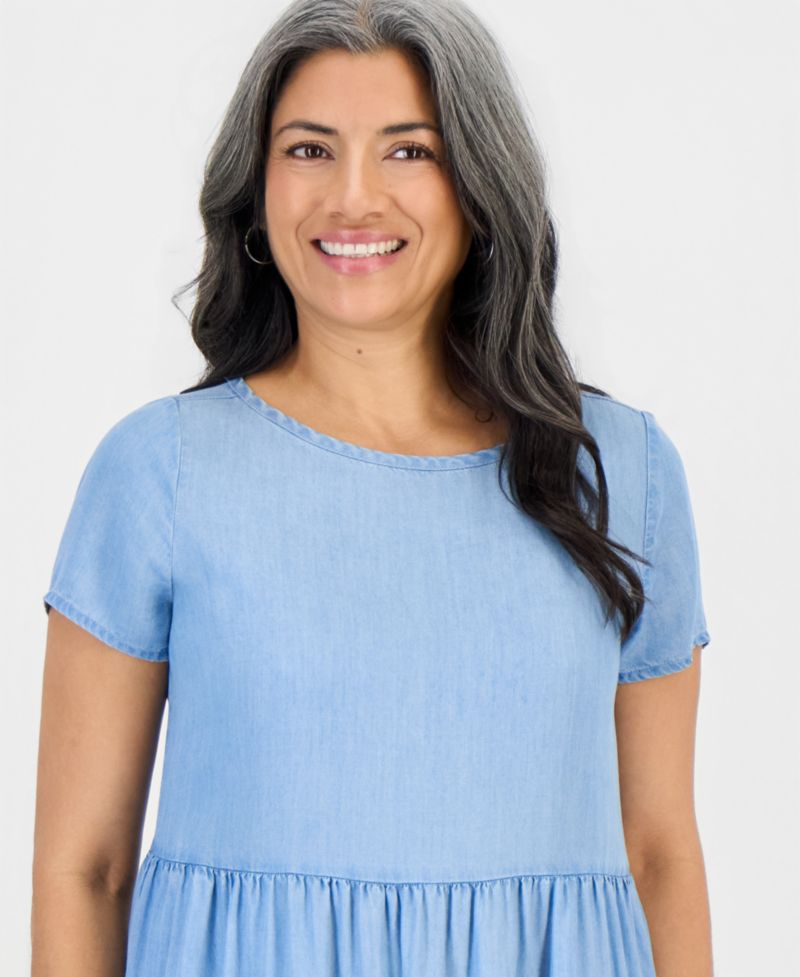 Petite Chambray Knit Tiered Dress
