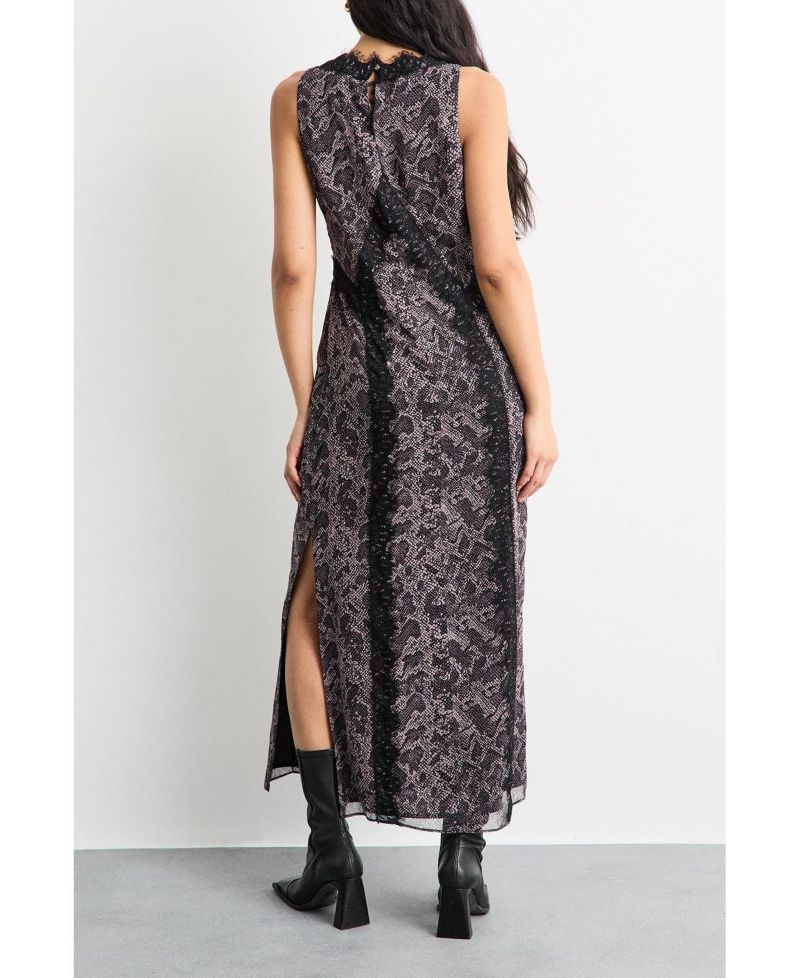 Women's Chiffon Printed Lace Trim Dress