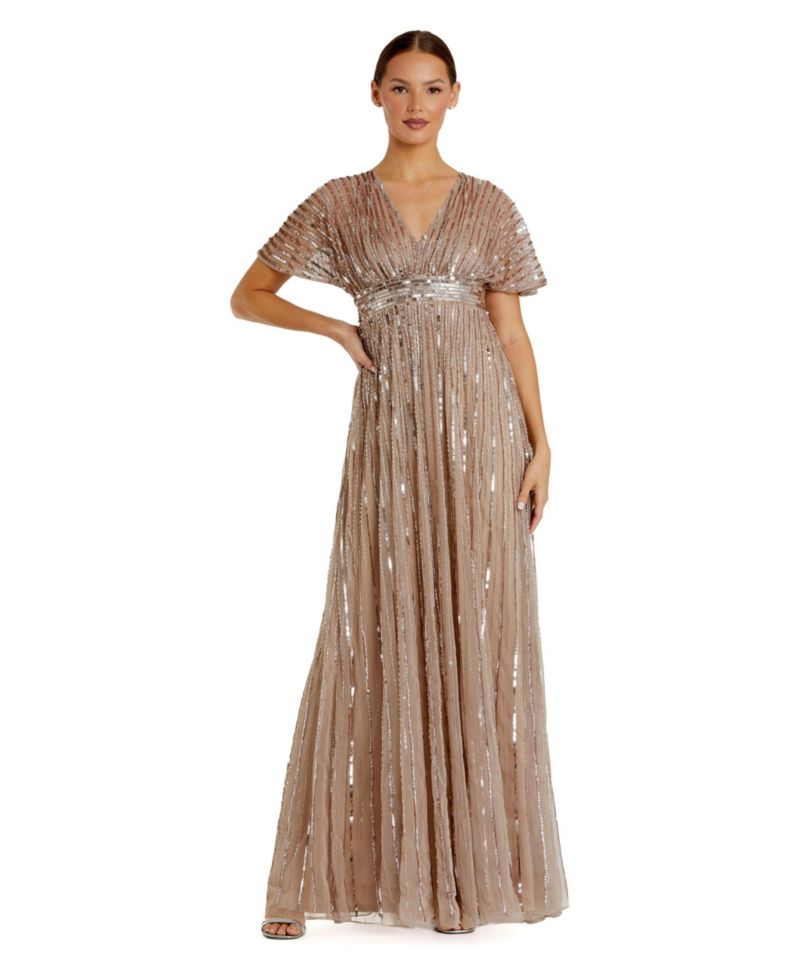 Women's Embellished Mesh V Neck Short Sleeve Gown