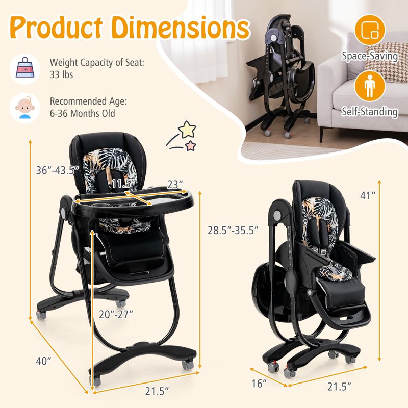Kids Multifunctional Folding High Chair with Rolling Wheels and Adjustable Height