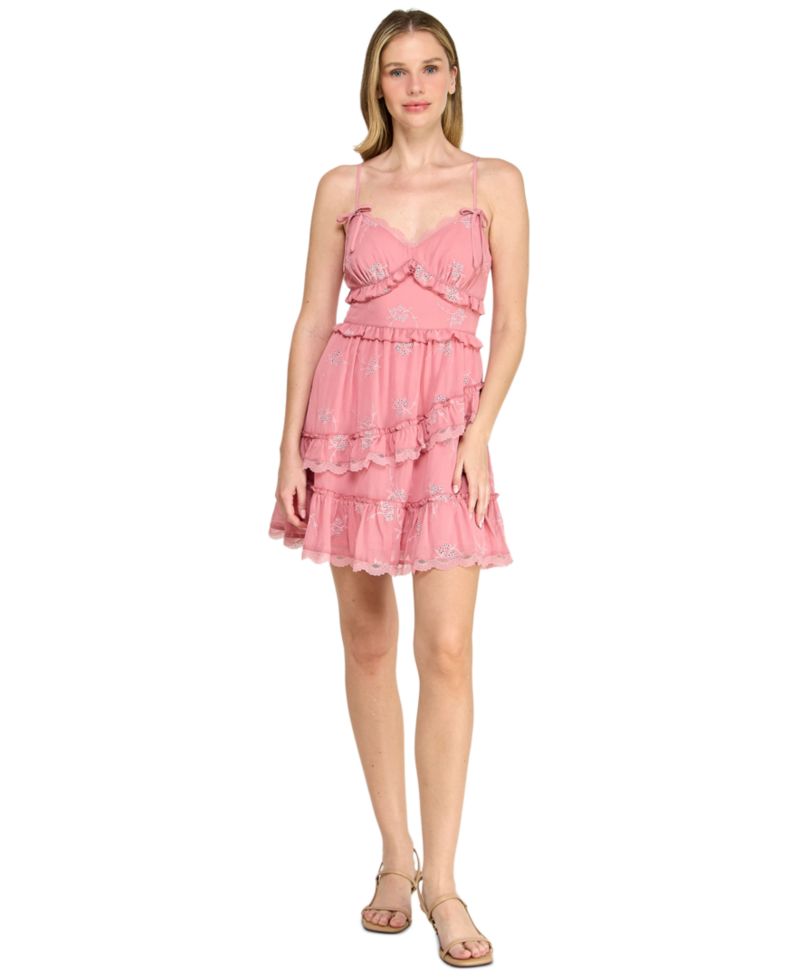 Juniors' Sweetheart Neck Embroidered Short Dress