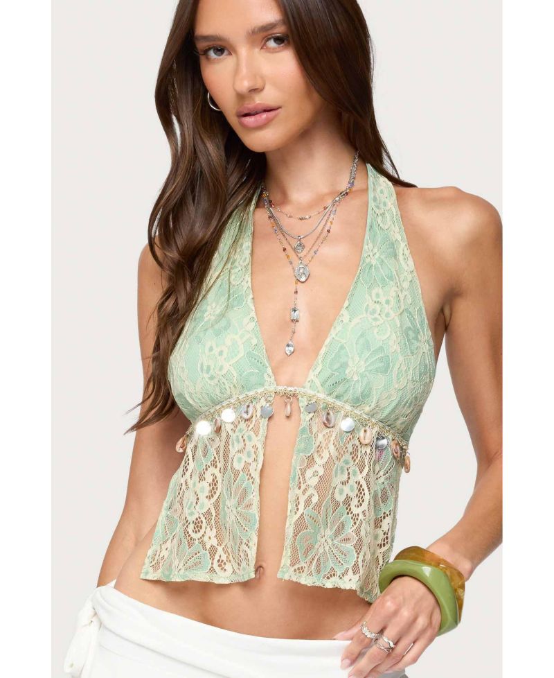 Women's Lace Split Front Backless Top