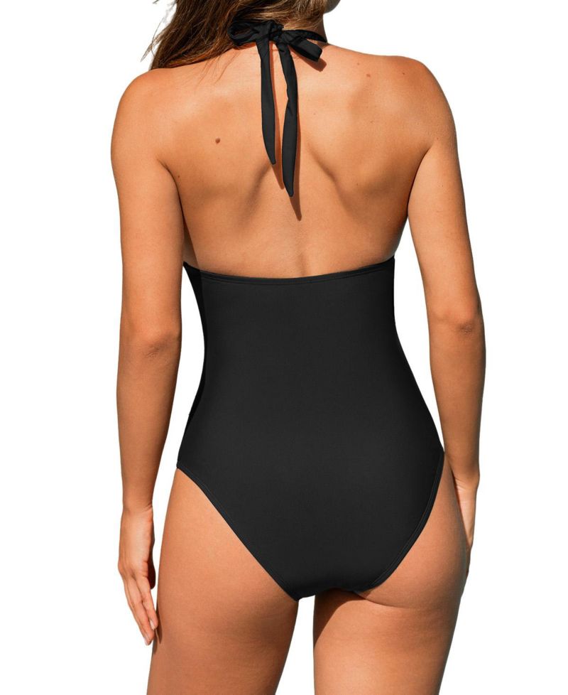 Women's Ribbed V-Neck Metal Trim One-Piece Swimsuit