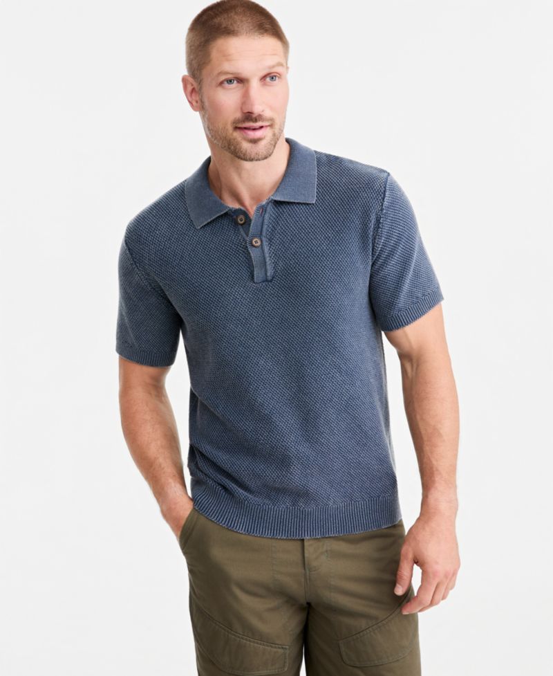 Men's Short-Sleeve Textured Polo Sweater
