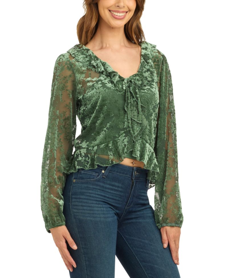 Juniors' Mesh Velvet Burnout Crop Long-Sleeve Blouse
