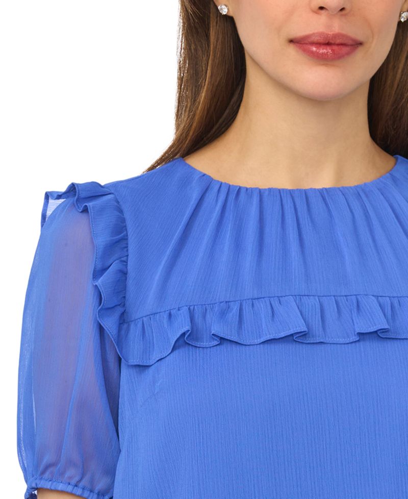 Women's Elbow-Length Ruffle-Yoke Chiffon Blouse